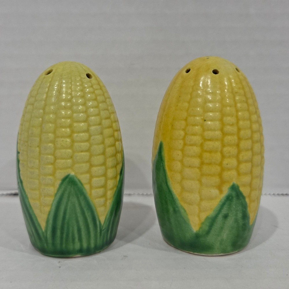 Vintage Corn on the Cob Salt and Pepper Shakers Ceramic Japan Yellow Green 2.75"